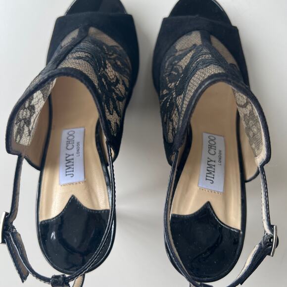 JIMMY CHOO Maylen Suede Floral Lace Black Sling back Bootie 4" Heels EU 39 - Picture 4 of 8